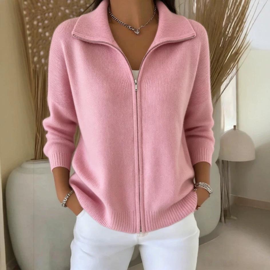 2026 European & American Zipper Knit Cardigan: Women's Autumn/Winter Casual Solid Color Fashion Sweater Outerwear
