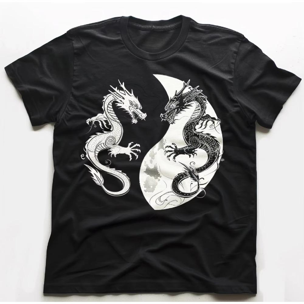Black T-shirt with Dual Dragon Embroidery Yin & Yang Dragons Men Clothing Custom Printed Streetwear Graphic T Shirts Harajuku