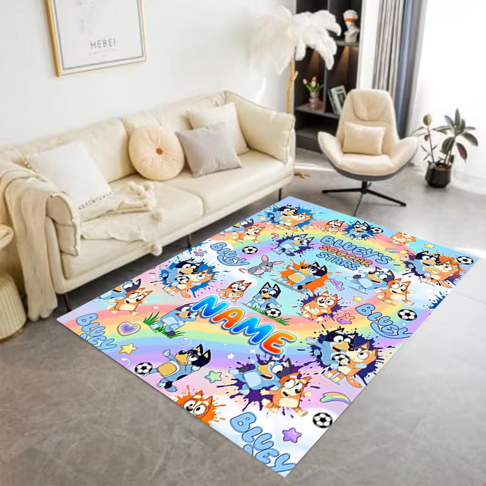 Bluey's Soccer Fun Customize Your Name Area Rug Perfect for Balcony Hallway Kitchen Study room Anti-slip Rug Anime Office Decor Wedding Party Gift