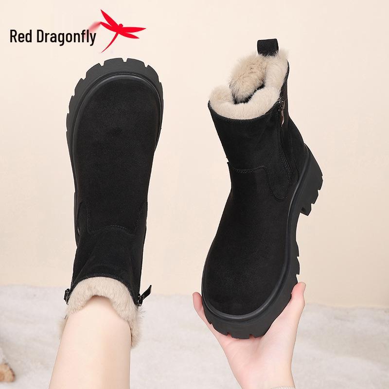 Женские зимние снежные ботинки Red Dragonfly с плюшем, нескользящие - Толстая подошва, Высокие, Теплые хлопковые ботинки