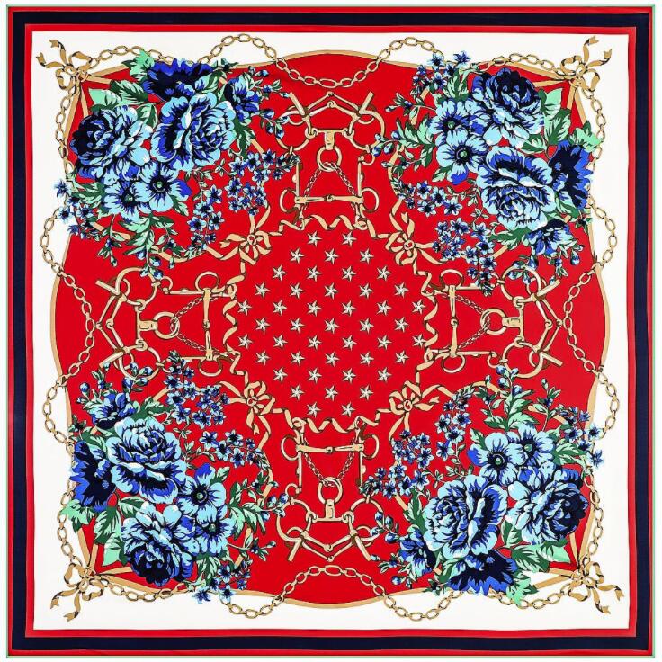 New Luxury Brand Design Sago Cycas Palm Tree Winter Square Scarf 130cm Twill Silk Scarf Women Kerchief Scarves For Ladies