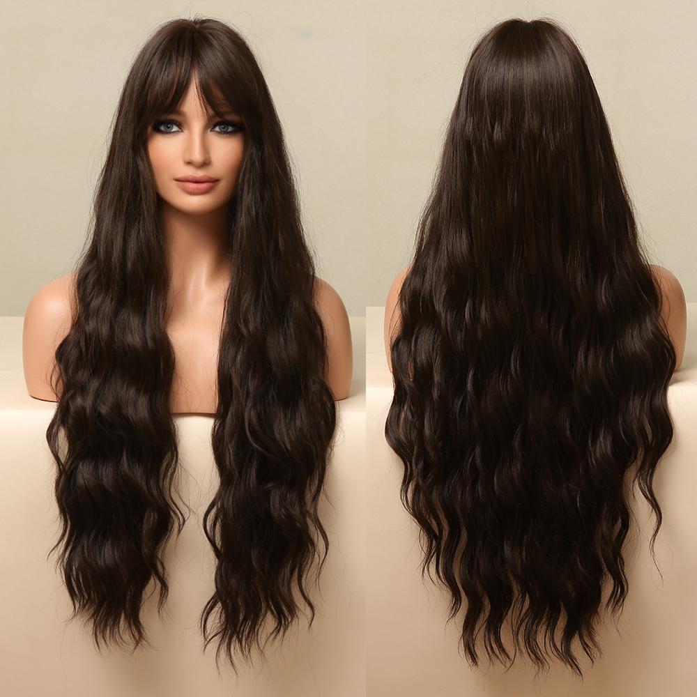 Длинные волнистые бордовые темно-красные парики из синтетических волос с пышной челкой для женщин, винно-красные объемные волны, натуральный парик для косплея на Хэллоуин