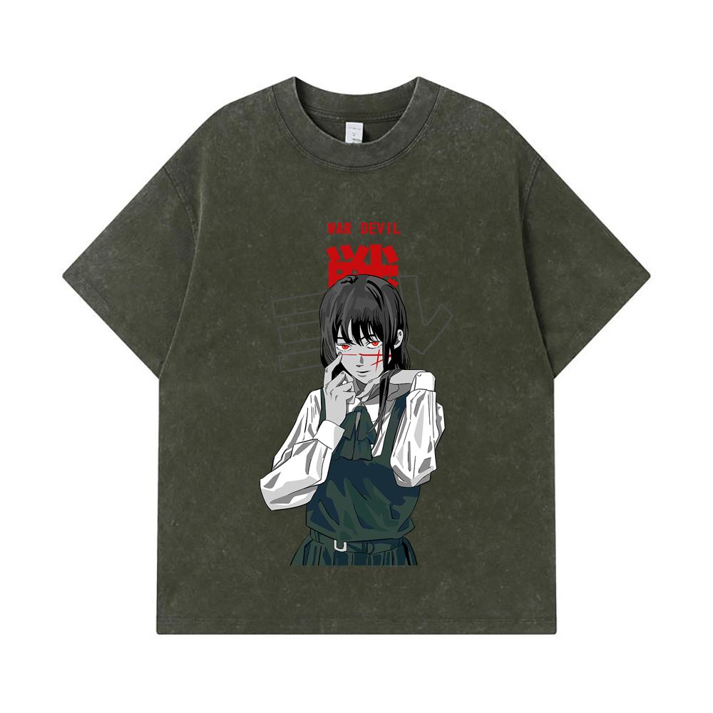 275 GSM Washed T-shirts 100% Cotton Chainsaw Man V58 War Devil Print Unisex Heavy Cotton T Shirt