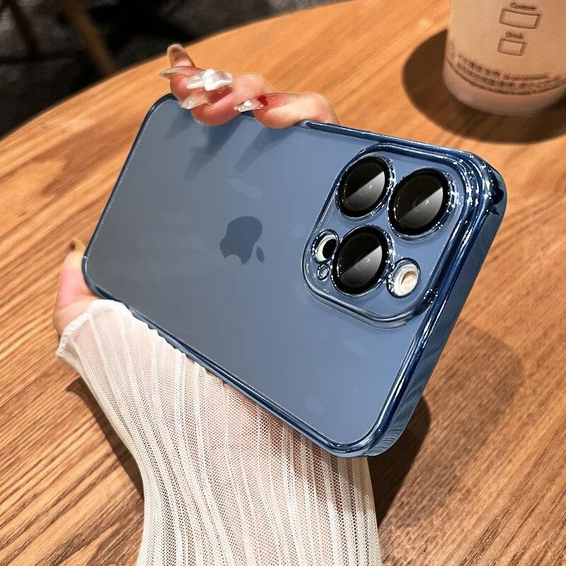 Original Square Plating Border Clear Phone Case For IPhone 11 12 13 14 15 Pro Max Plus Mini XS XR X Lens Film Protective Cover