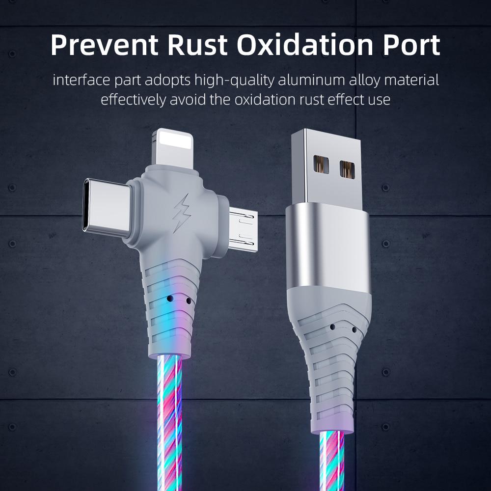 VAORLO Светящийся зарядный кабель 3 в 1, USB-кабель для быстрой зарядки 2.1A со светящимся освещением для Samsung iphone XiaoMi HuaWei