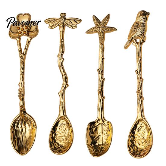 Portable Spoons for Food Photography Vintage Carved Coffee Spoon, Flower/Dragonfly/Bird/Starfish Topper, Zinc Alloy Decorative Tableware Breakfast