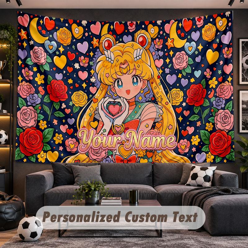 Wall Hanging Tapestry Custom NameSailor Moon Pattern Personalized Printed Fabric Wall Decor