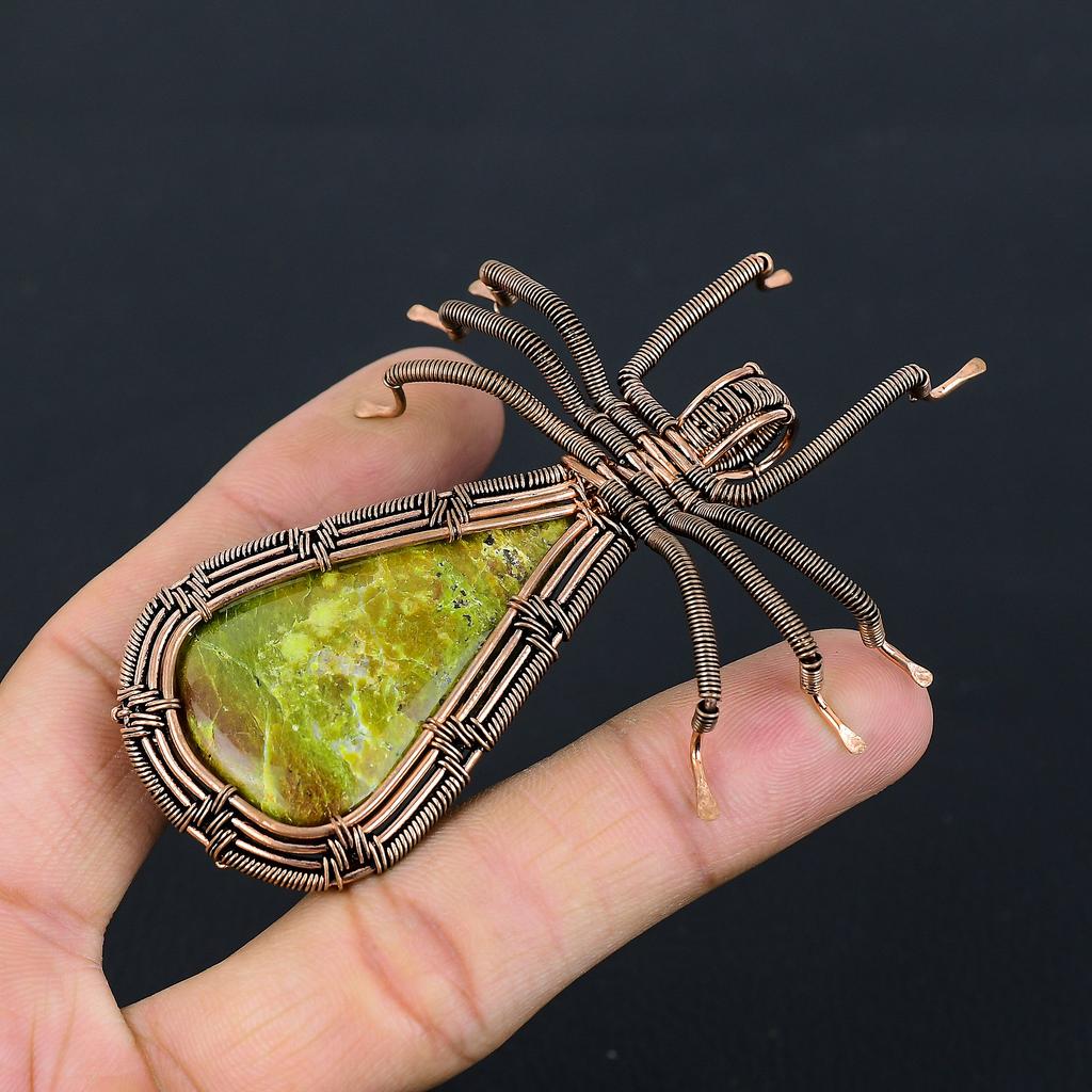 Подвеска-паук из медной проволоки ручной работы с натуральным зеленым опалом и драгоценным камнем 2,56 дюйма s9I97