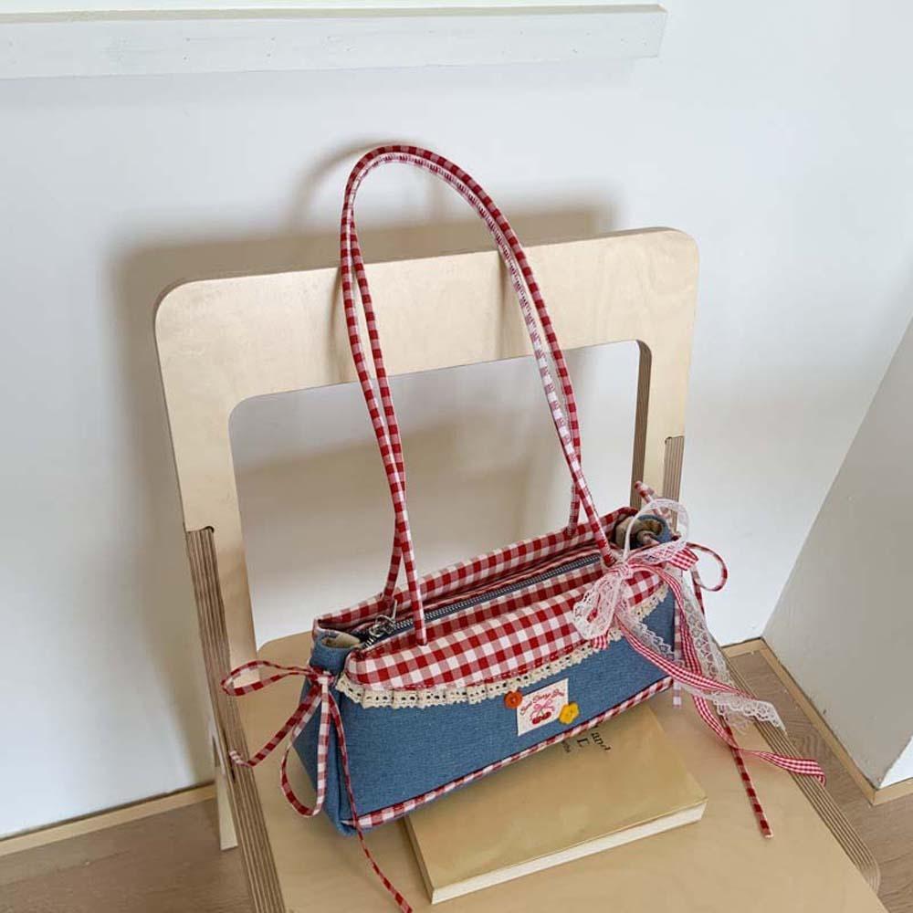 Джинсовая синяя сумка-багет, милая тканевая сумка под мышкой, портативная клетчатая сумка через плечо, на каждый день