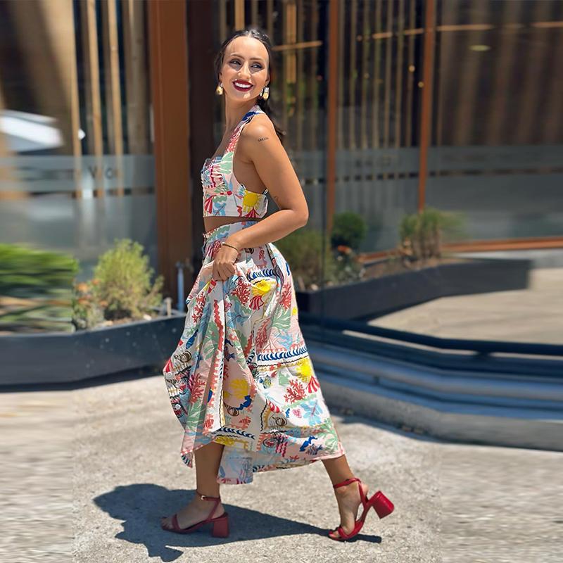 Женские сексуальные напечатанные юбки-халтер, летние костюмы без рукавов, укороченный топ с открытой спиной, однобортные юбки с разрезом, комплекты из двух частей