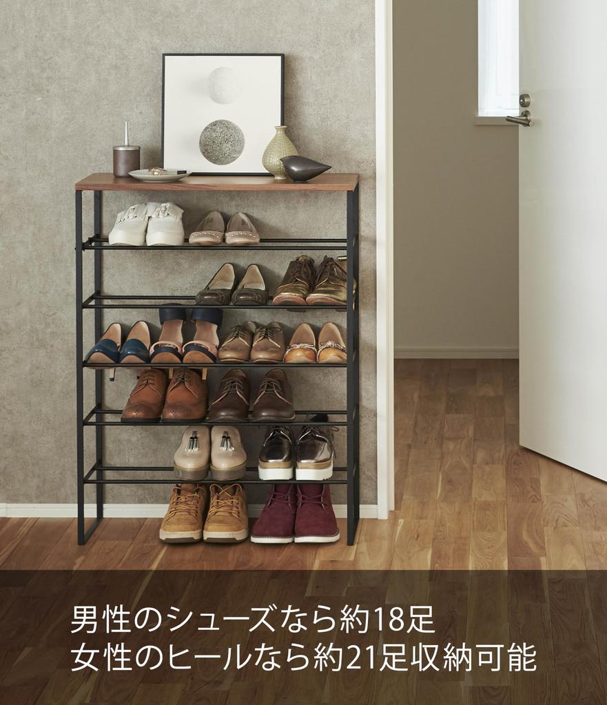 Полка для обуви Yamazaki Jitsugyo 3370 с верхом, 6 крючками для обуви Ш66 x Г25 x Tower, в комплекте пластина, ярусы, черная, прибл.. H87см, Стойка, Хранение,
