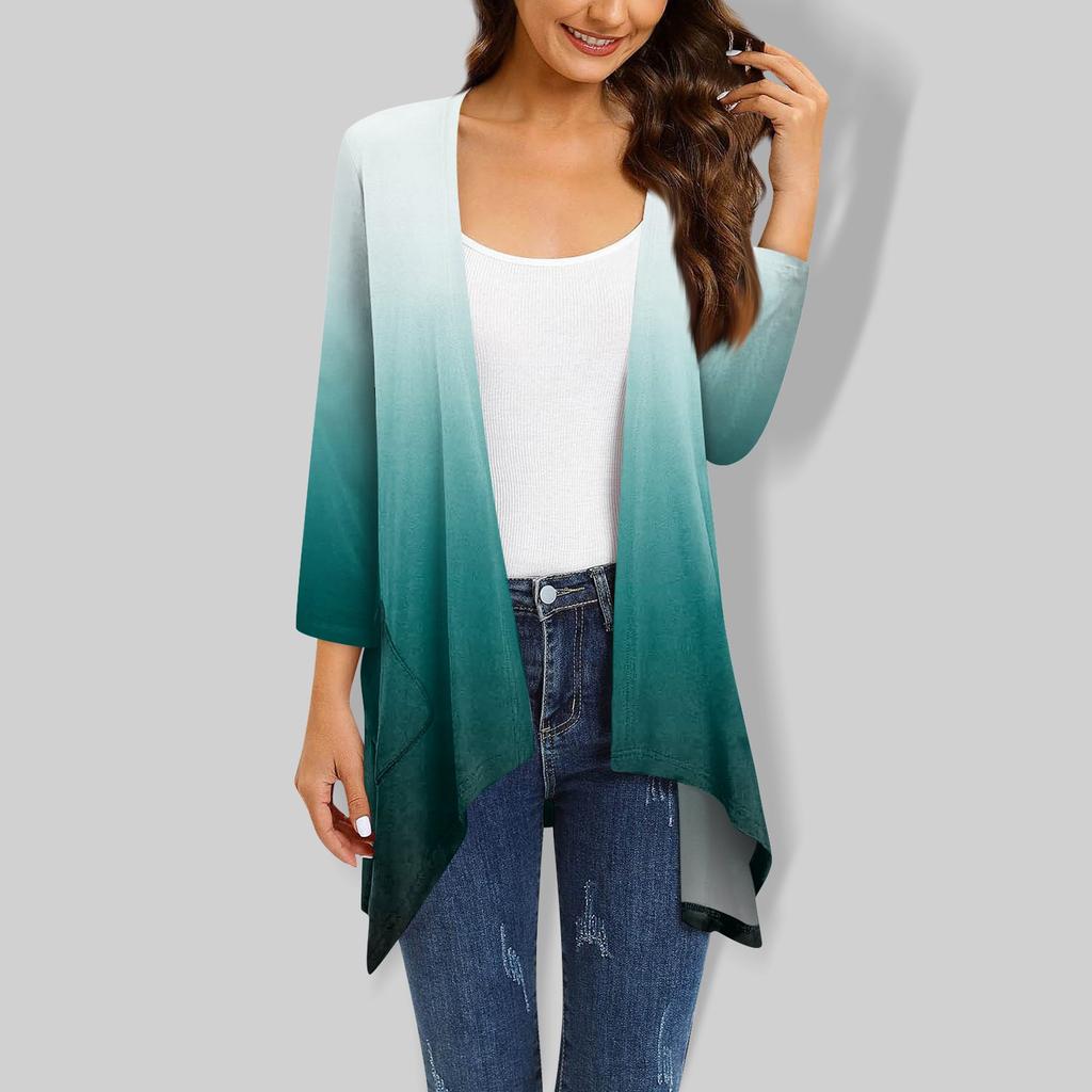 Женский кардиган неправильной формы с градиентным принтом и рукавами три четверти, куртка с карманами