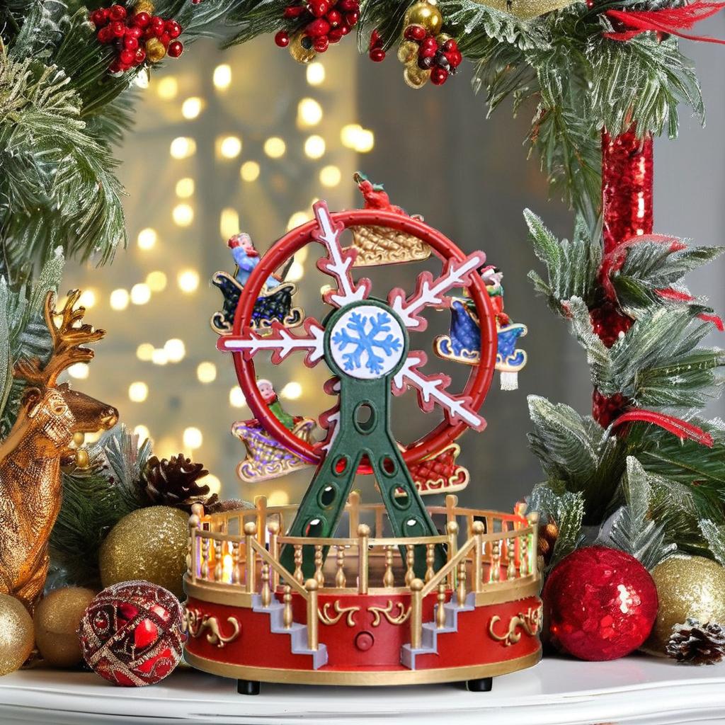 New Hot Sale Music Box Movement Christmas Ferris Wheel with Figurines Colorful Lights Indoor Christmas Decorations