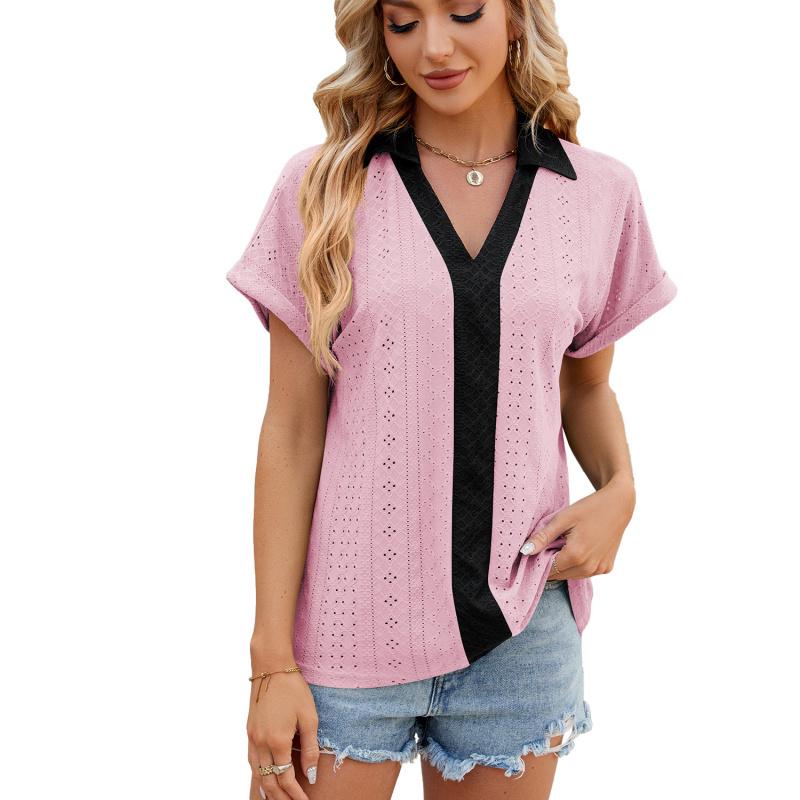 2026 Spring/Summer New V-neck Contrast Color Short Sleeve Loose T-shirt Women's Casual Top
