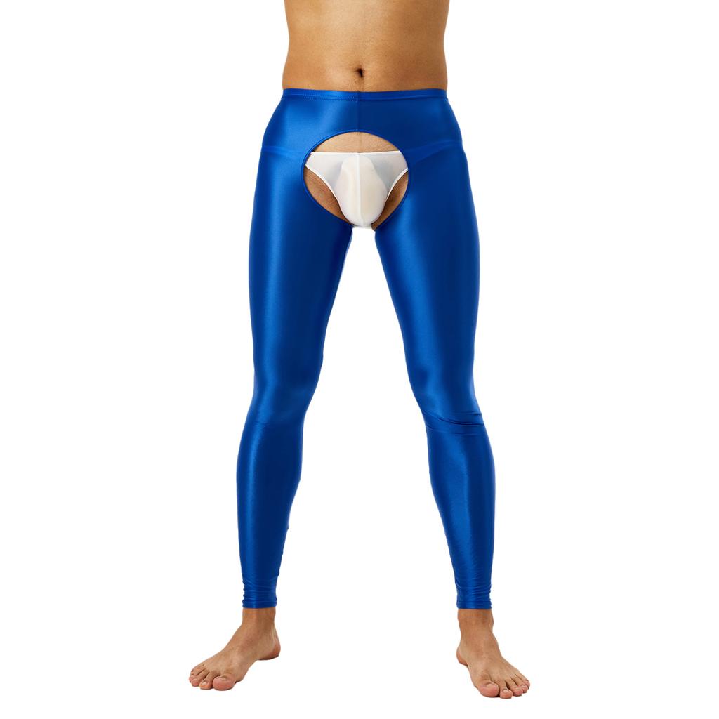 Mens Glossy Open Crotch Leggings Pants High Waist Slim Fit Tights Underwear Baselayer Pants for Nightclub Dance Wear