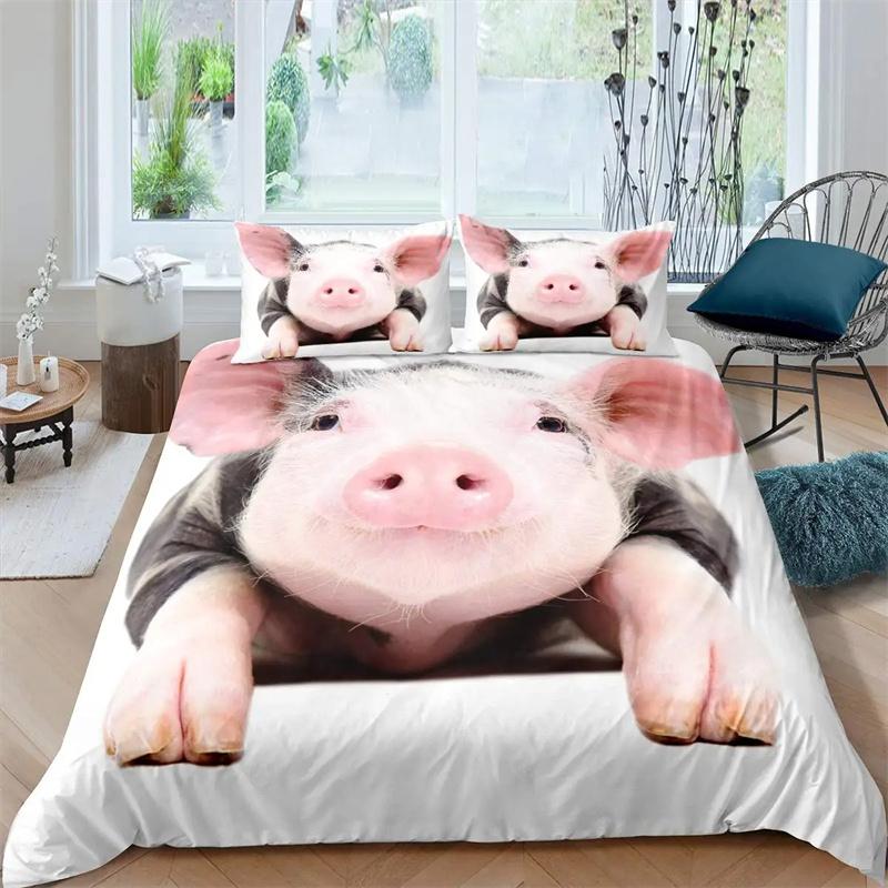 Premium Pink Pig Comforter Cover Cartoon Pig Pattern Bedding Kawaii Animal Sweetheart Floral Print Duvet Cover Children Boys Room Decor