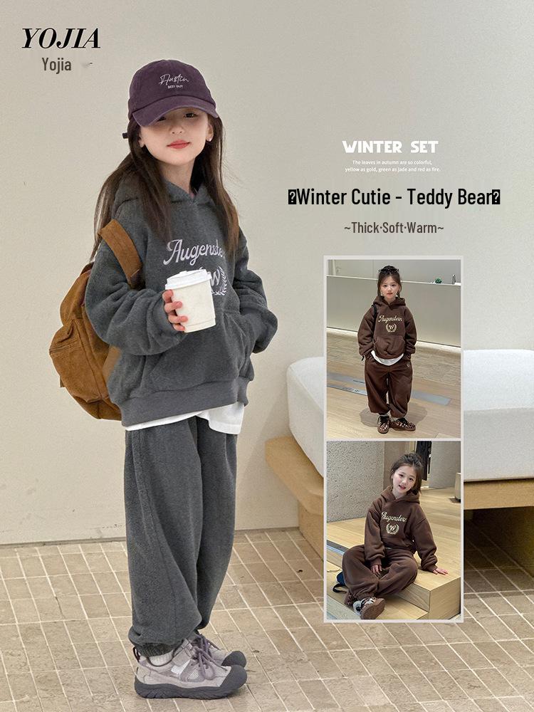 YOJIA Зимний спортивный комплект-двойка для девочек 2025 с флисовой подкладкой: Модная и Утепленная Детская Одежда