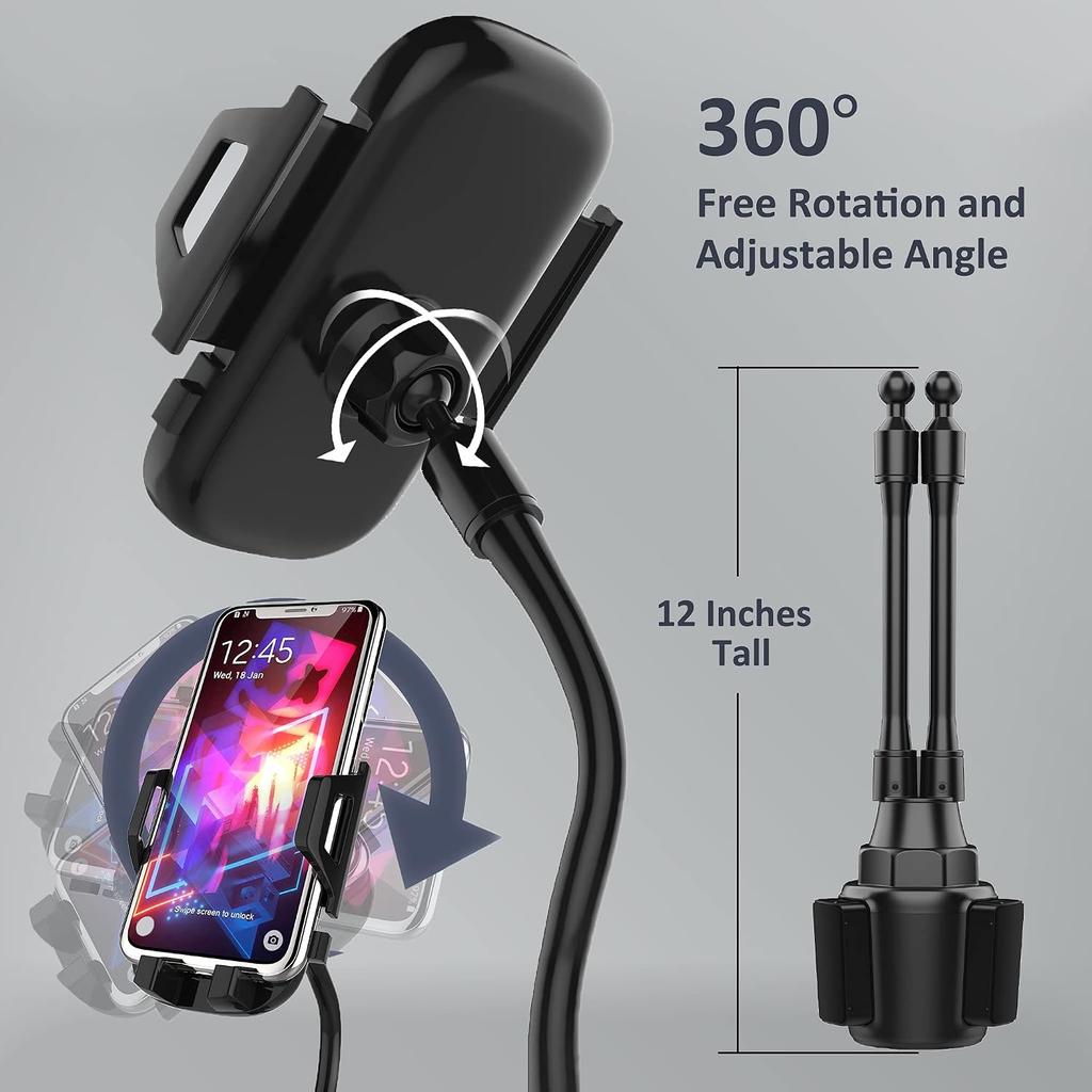 Dual Phone Holder for Car Cup Holder – Long Flexible Neck, 360° Rotatable Car Phone Mount - Adjustable Cell Cup Holder, Universal Size Fits 2