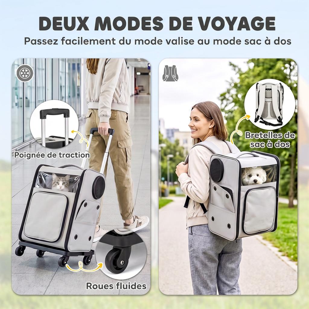 Cat Carrier Bag, 2-in-1, with Wheels, Foldable, Expandable, Ventilated, 34 x 28 x 43 cm, Grey
