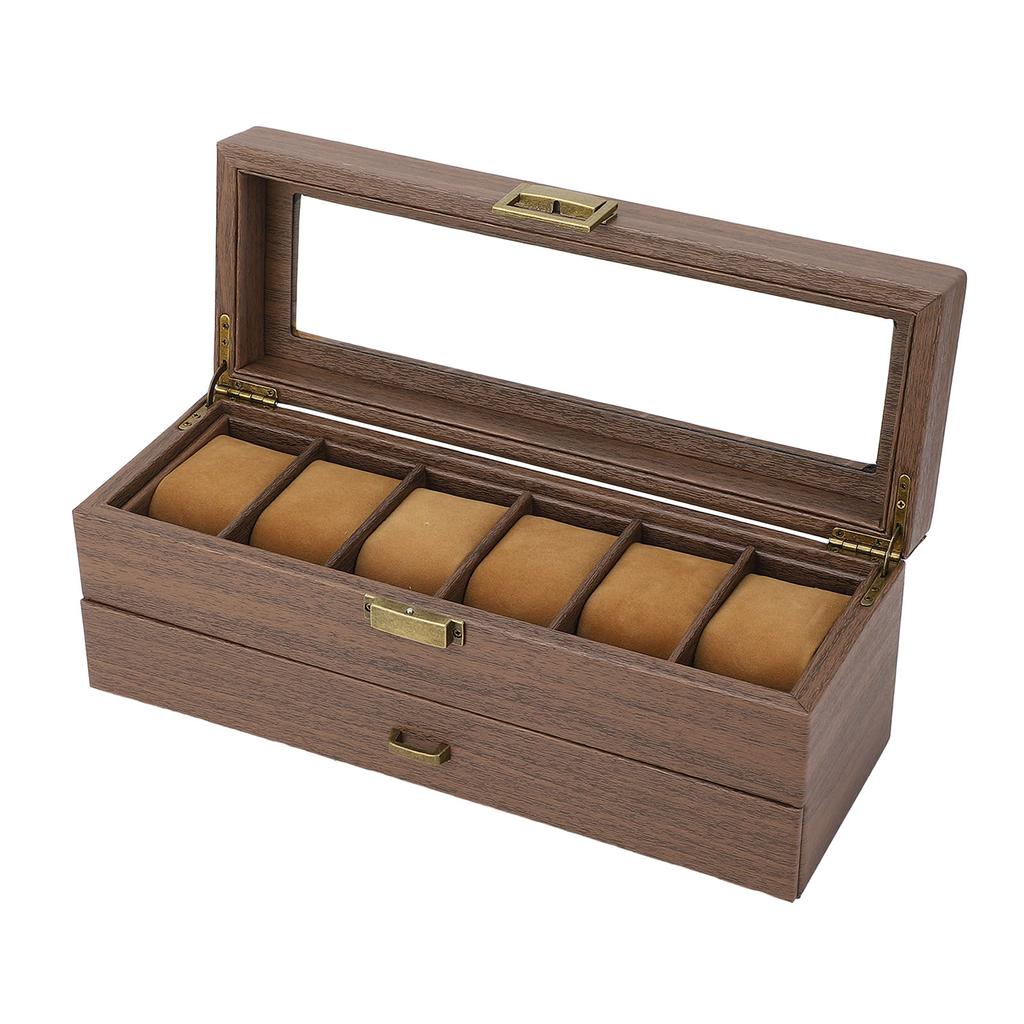 Watch Holder Vintage Grain PU Leather Double Layers 6 Slot Watch Holder Organizer
