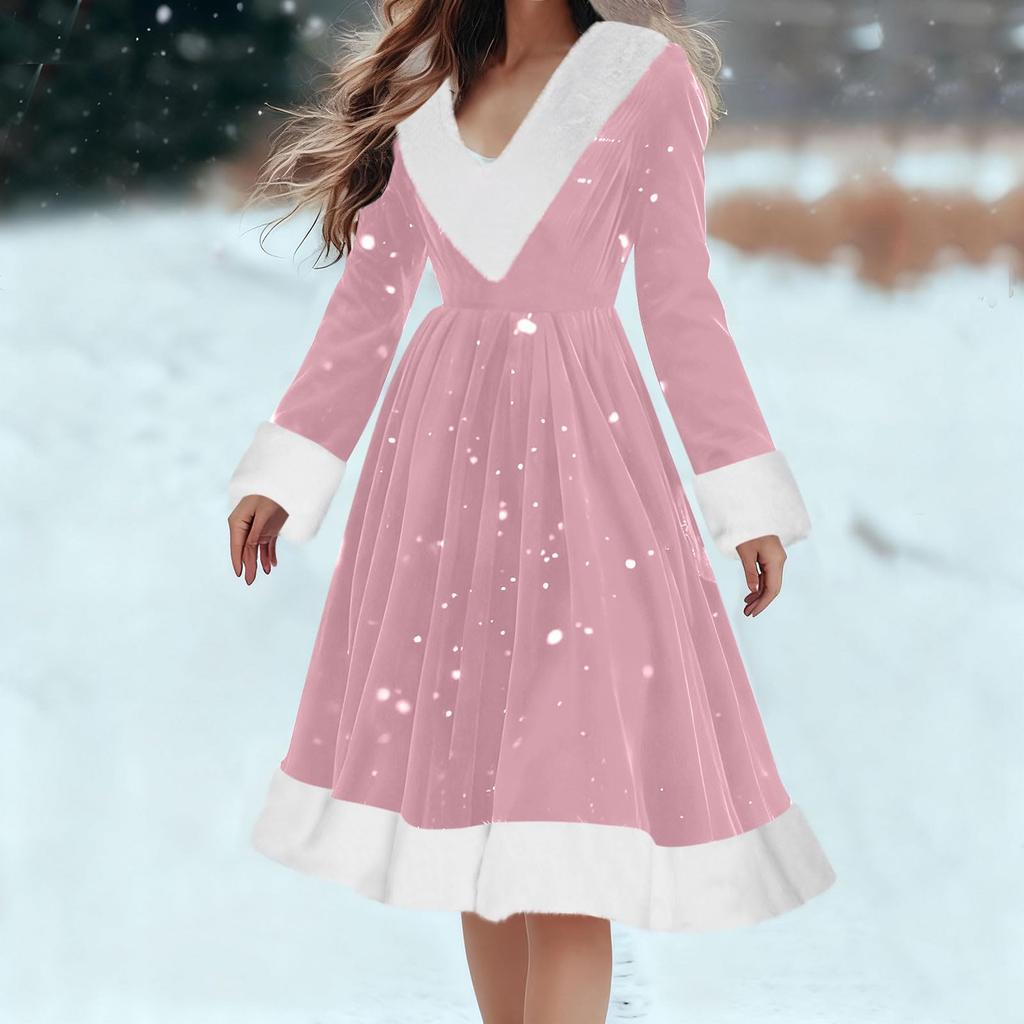 Женское модное платье свободного кроя с длинными рукавами, плюшевое, с V-образным вырезом, однотонное, для вечеринки