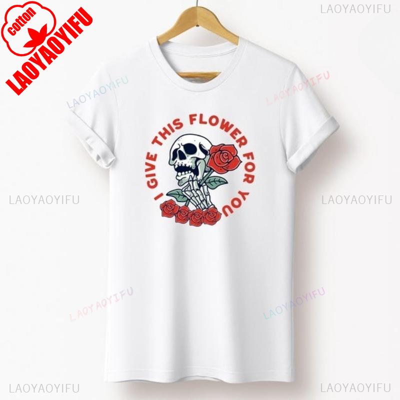 Skull Rose Shirt Gothic Floral Skeleton Love Tee Cotton Summer Short Sleeve Casual Streetwear Dark Aesthetic Vintage Style
