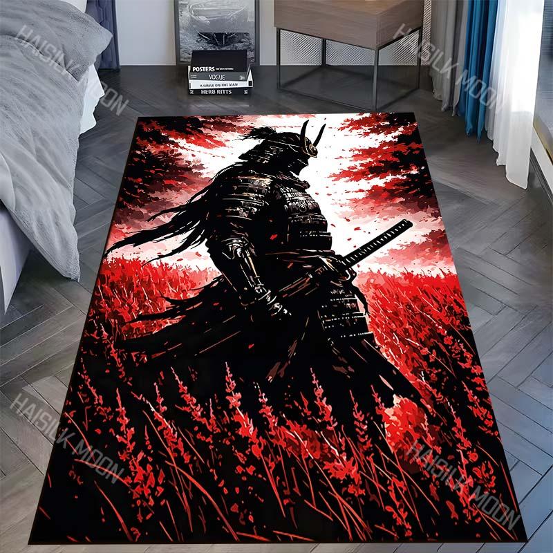 Samurai silhouette in red field Print Carpet Rug for Living Room Bedroom Sofa Doormat Home Decor Non-slip Floor Mat