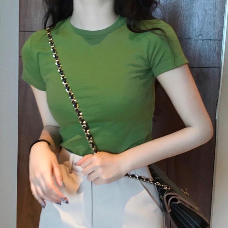 Летние женские облегающие укороченные топы, футболки с короткими рукавами, повседневные футболки с круглым вырезом, пуловер, чистый цвет