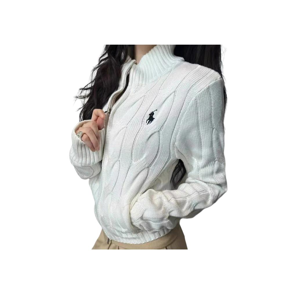 Polo Ralph Lauren Solid Color Pony Embroidered Zip Long Sleeve Knit Sweater Women Sweater White 211719049-005