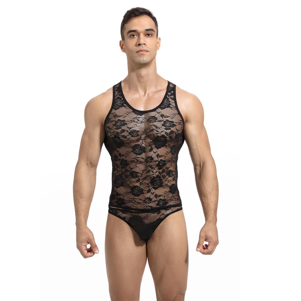 IPENNYE Tank Lace Rose Sexy Plus Comfortable Gift Men's Top, Print, See-Through Underwear, Sleepwear, Innerwear, Stretch, Breathable, Sizes, Vest,