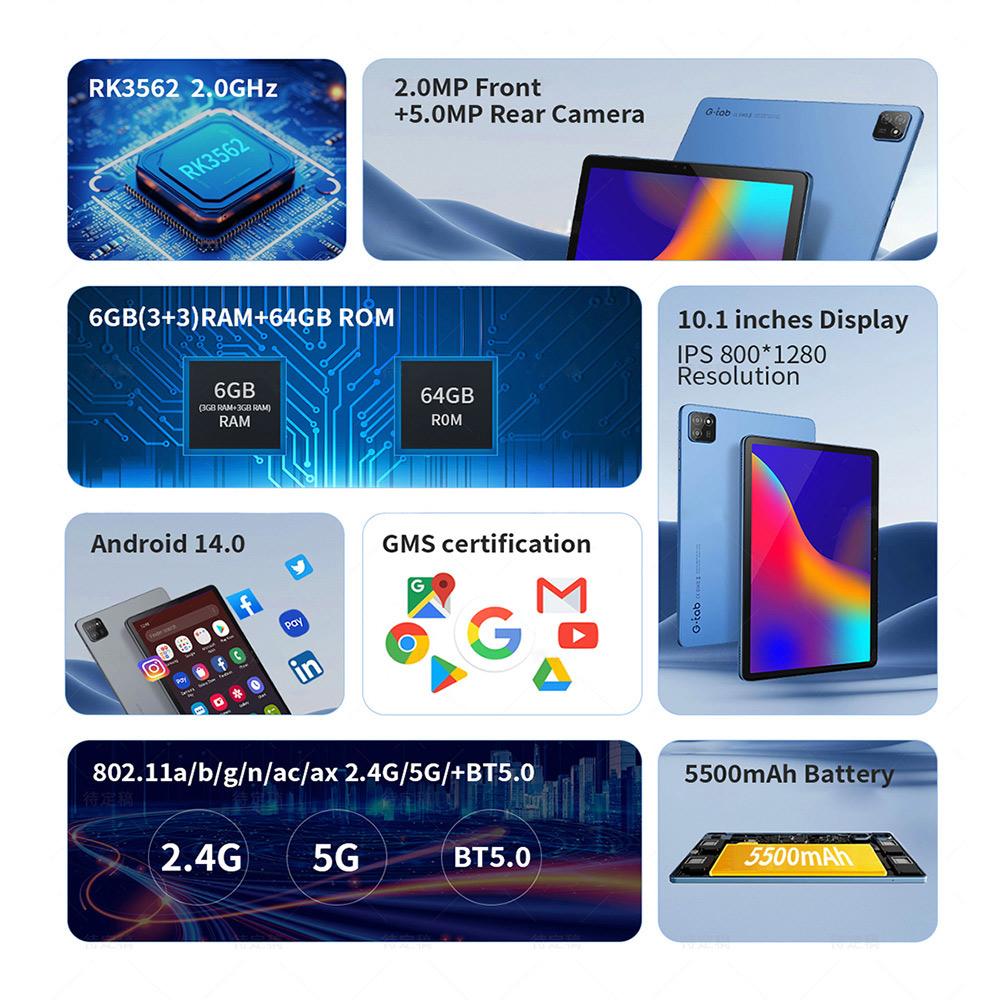 Планшет G-tab T9 Android 14, 10,1 дюйма 1280*800 IPS экран, RK3526 4 ядра до 2,0 ГГц, 6 ГБ ОЗУ (3 ГБ + 3 ГБ расширение) 64 ГБ ПЗУ