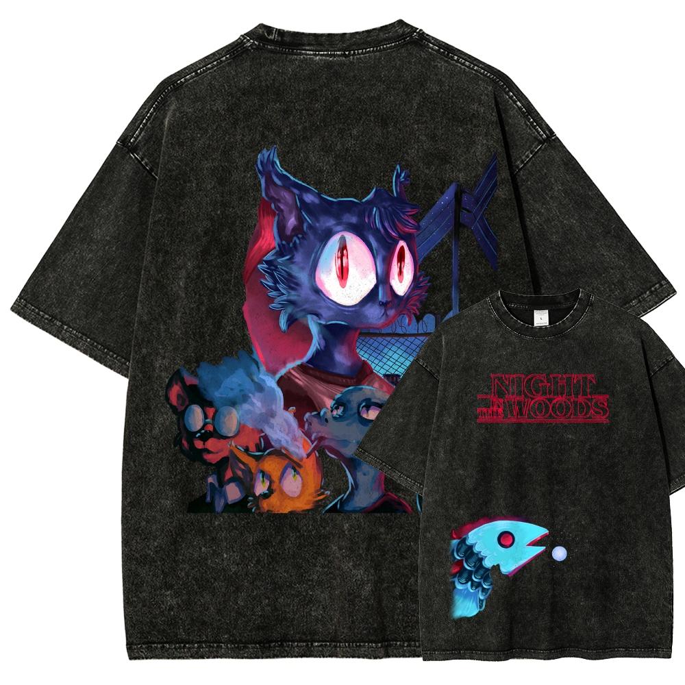 night in the woods Washed T-shirt 2026 New Model personality Clothes shirt Year round clothing Retro Loose Oversized Plus Size Unisex