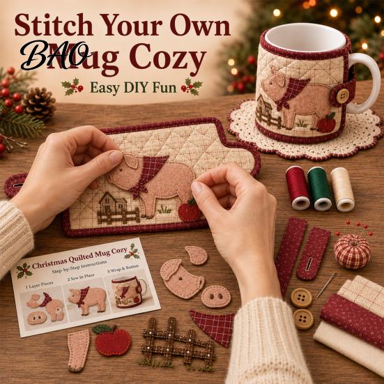 Beginner Sewing Project Farmhouse Friends Mug Cozy Kit, DIY Animal Cup Sleeve Craft, Handmade Handicraft Supplies for Home with Festive Patterns,