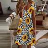 Summer Fashion Women's V Neck Short Sleeve Sunflower Printed Dress Sex Short Skirt Dresses