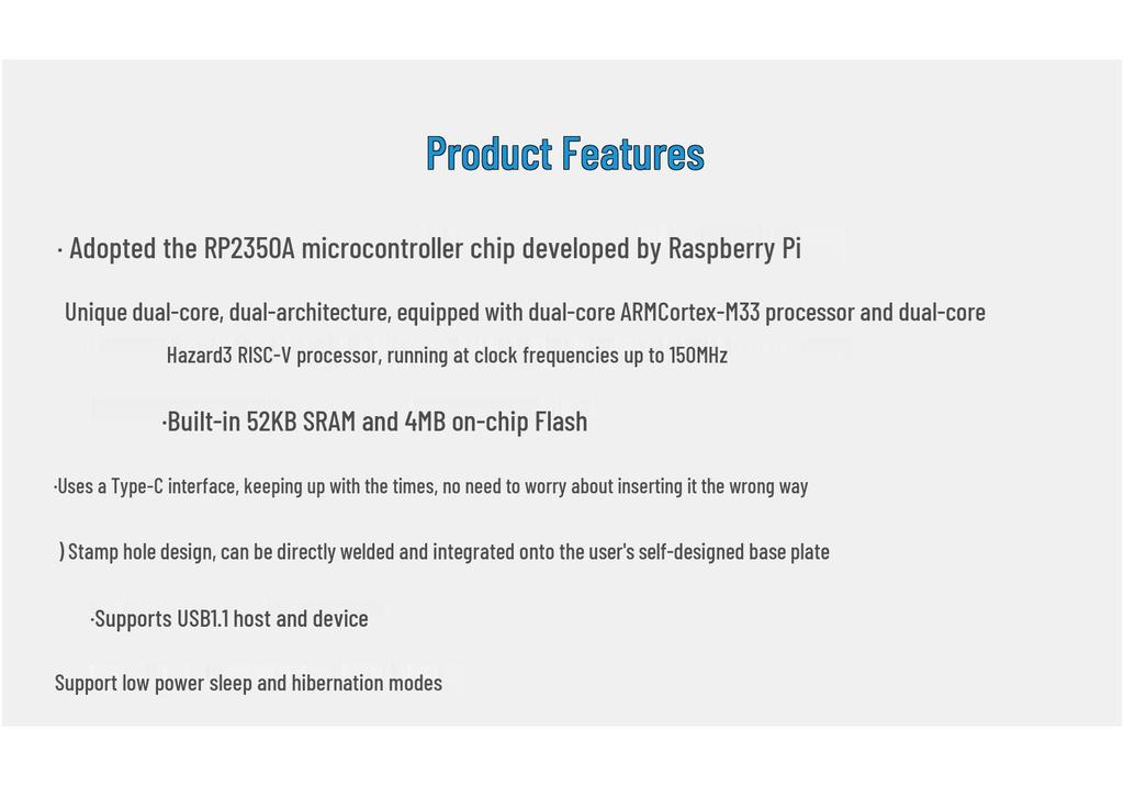 RP2350-Zero Dev Board: Raspberry Pi RP2350 with Optional Pin Headers for Unused IO