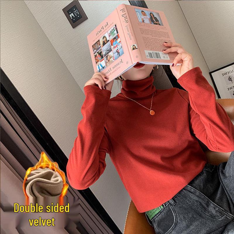 Женский бархатный топ с высоким воротом, двухсторонний теплый, с длинными рукавами - Осень и Зима, прилегающий к телу