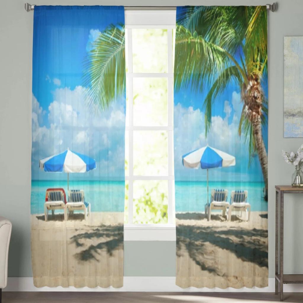 Chairs And Palm Trees On The Beach Sheer Curtains For Bedroom Living Room Tulle Curtains For Kitchen Window Voile Curtains