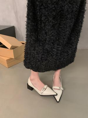 Толстый каблук черные туфли с острым носком на высоком каблуке женские 2025 новые корейские туфли французские маленькие кожаные туфли ретро мокасины для поездок на работу