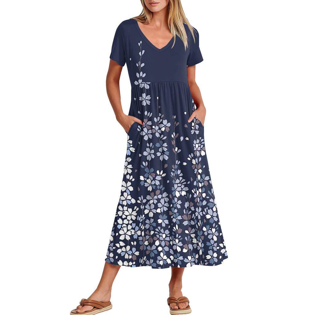 Women's Casual Dresses With Pockets, Flowing Maxi Skirt, Women's V Neck Short Sleeve Summer Maxi Dress