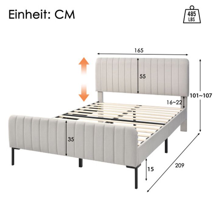 Lit double - MUVOE - 160 x 200 cm - Tête de lit réglable - Bois massif - Gris-beige