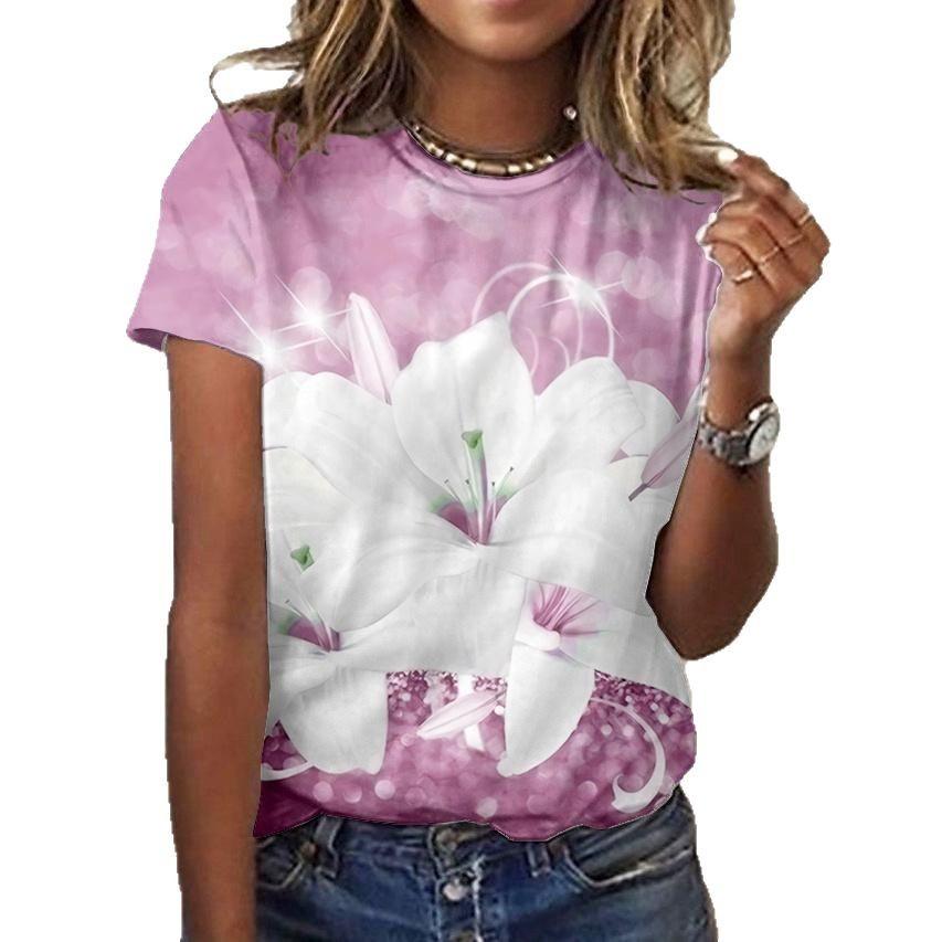 Летний топ с круглым вырезом и 3D-цветочным принтом, модные повседневные женские футболки с короткими рукавами