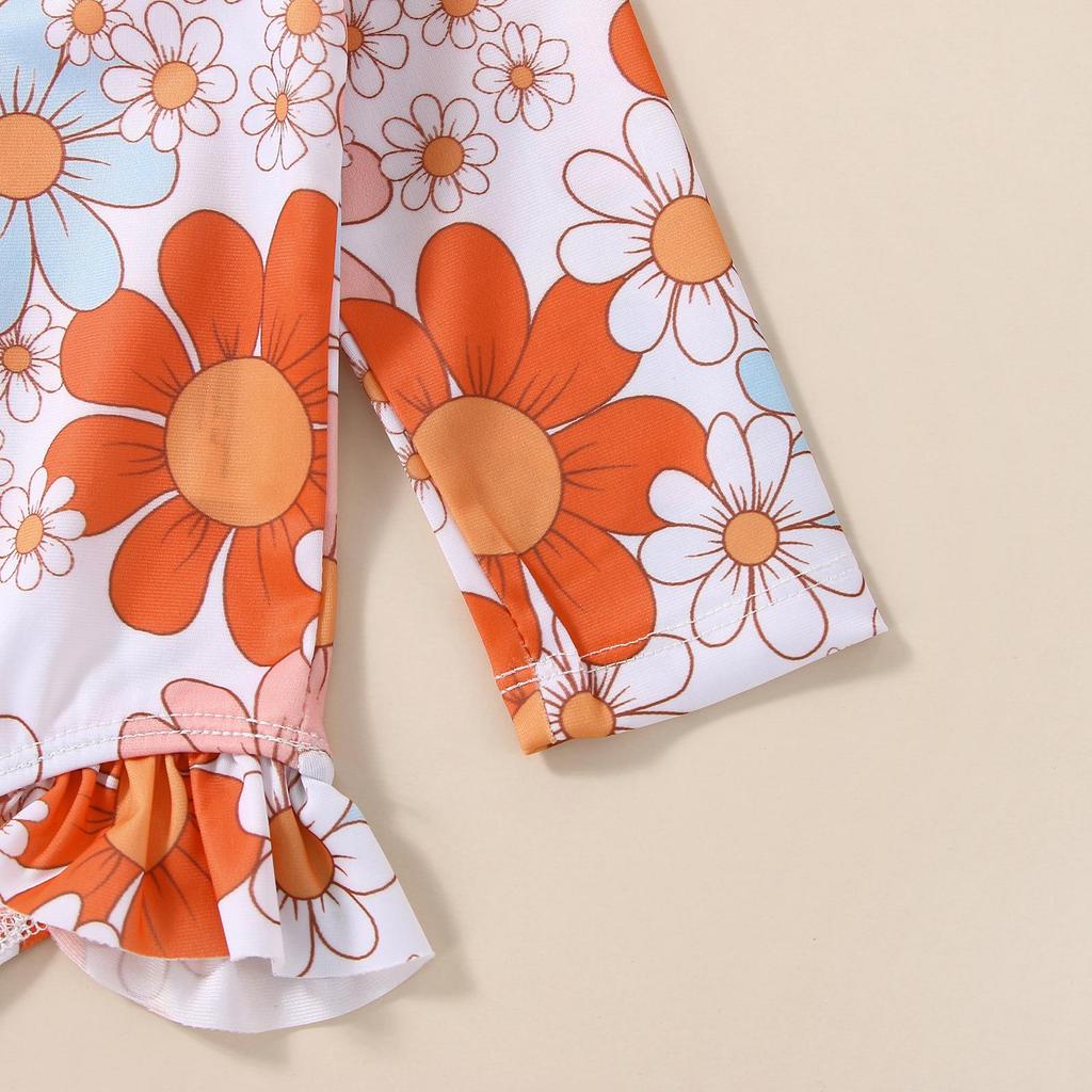 Children's Floral Long-Sleeve Swimsuit & Sun Hat Set - Quick-Dry, Sun Protection, Fashionable Beachwear for Girls