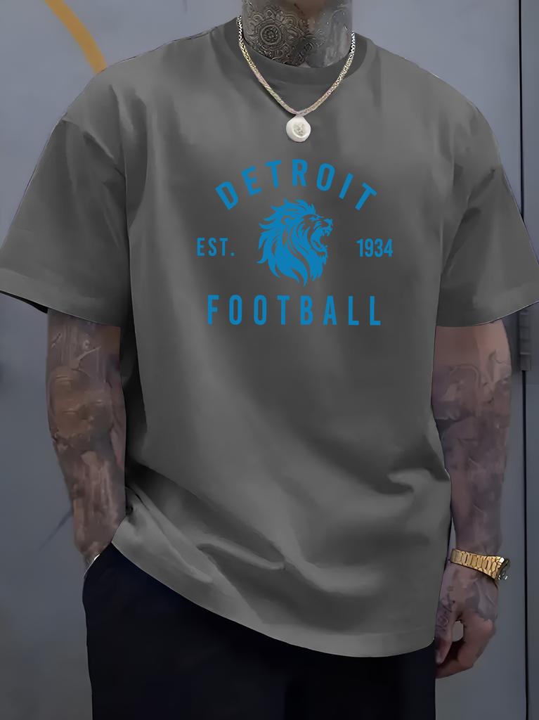 Unisex Crew Neck Tee Detroit Lion Football Letter Print Short Sleeve Loose Oversized Male Sports Casual Breathable Basic Wear Top