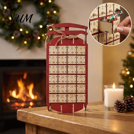 Holiday Surprise Storage Box Wooden Sleigh Advent Calendar, 24-Day Countdown with Drawers, Trinket Organizer Christmas Tree Hanging Decor, Candy