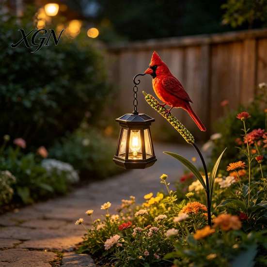 Colorful Hand Painted Garden Art Solar Light, Red Bird Lantern, Outdoor Stake Yard Decor, Unique Backyard Decorative Figurines Warm Glow Lantern