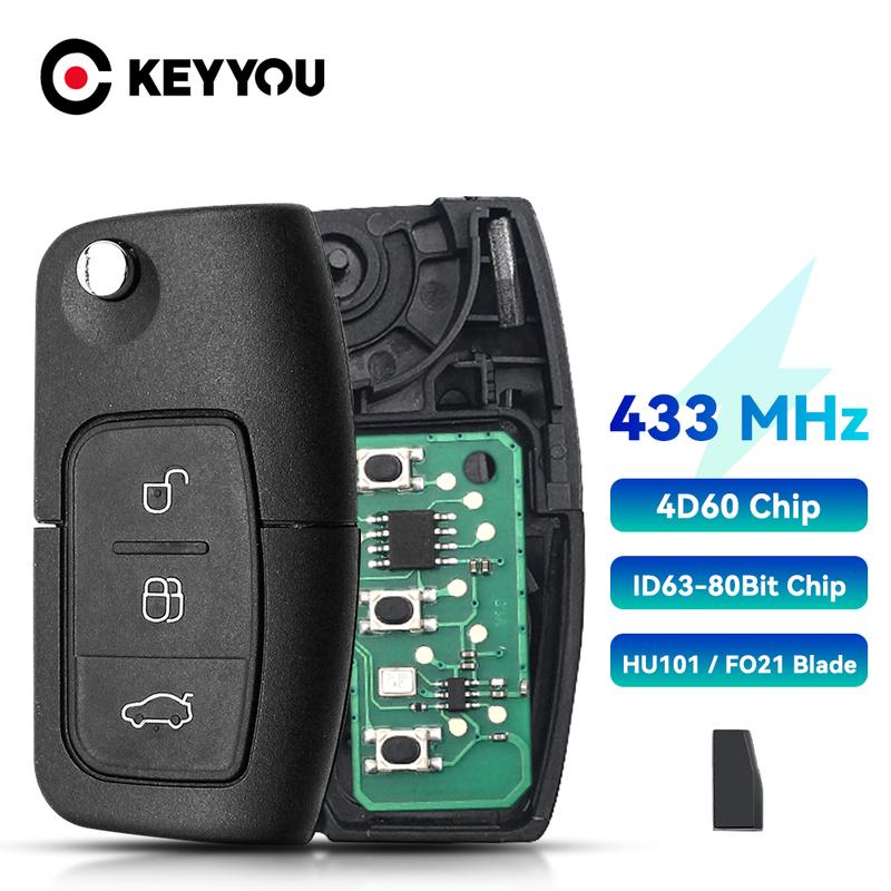 KEYYOU Автомобильный Пульт Дистанционного Управления Ключ ASK 433 МГц Для Ford Fiesta Focus 2 Ecosport Kuga Escape C Max Ka Брелок HU101 / FO21 Лезвие Брелок 3 Кнопки Ключ