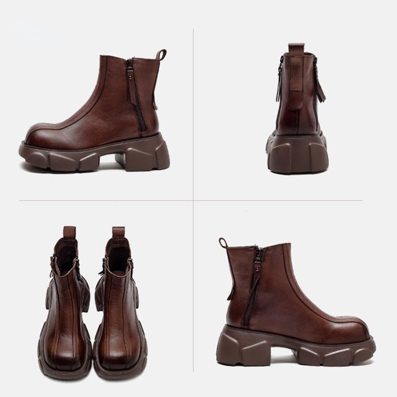 Johnature Ботинки из натуральной кожи на толстом каблуке, женские однотонные туфли с круглым носком в стиле ретро, ​​ботильоны на толстой подошве