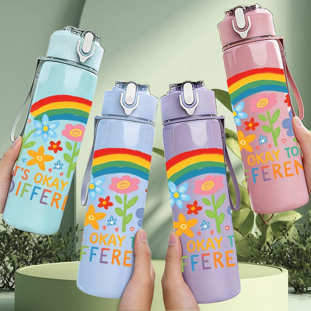 1PC Rainbow Flower Letter Design 750ml Color Plastic Sports Water Bottle Leakproof Flip Straw Lid Suitable for Sports Office Home Use