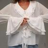 Весенняя блузка с V-образным вырезом и оборками, с длинным рукавом - Женская мода в европейском и американском стиле