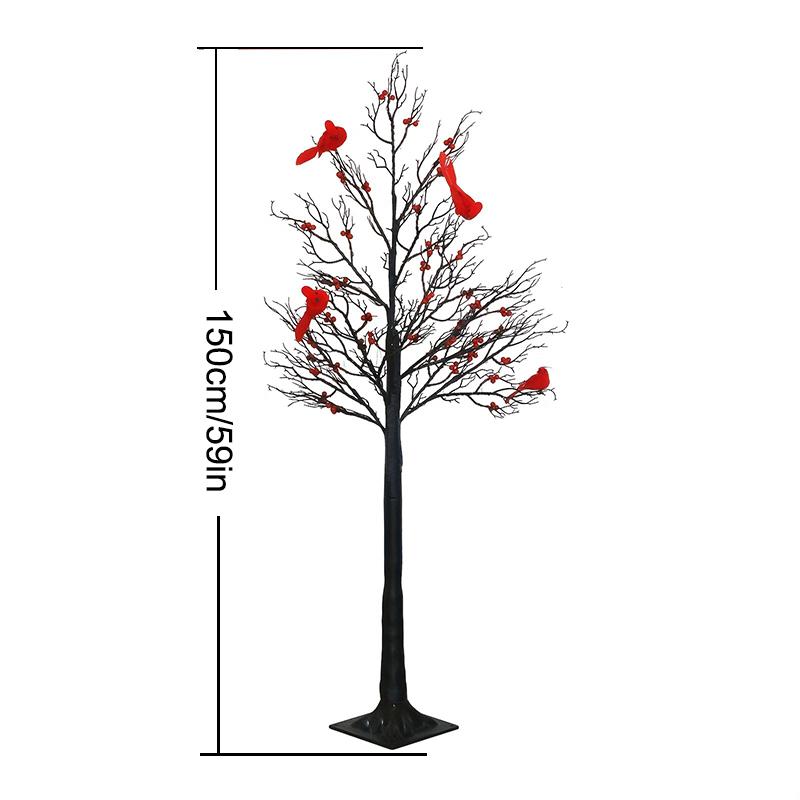 Винтажное светящееся дерево с кардиналами, Деревья с кардиналами, Деревья с красными птичками, Рождественская елка с ягодами